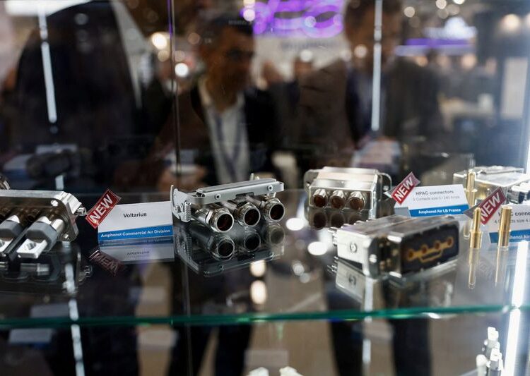 FILE PHOTO: Aerospace components manufactured by Amphenol are displayed at the 54th International Paris Airshow at Le Bourget Airport near Paris, France, June 21, 2023. REUTERS/Benoit Tessier/File Photo