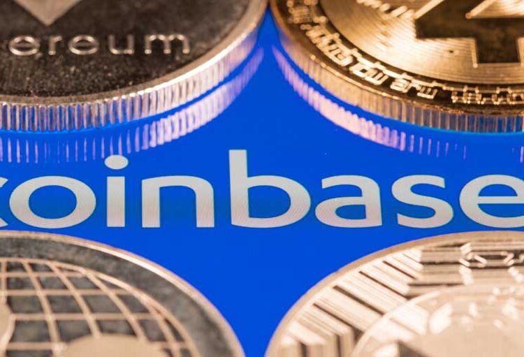 Coinbase crypto exchange logo on screen with altcoins. Ljubljana, Slovenia - April 12 2021
