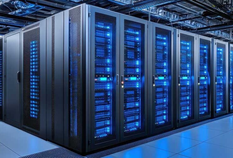 Large data center server room with rows of modern computer hardware illuminated by blue LED lights.