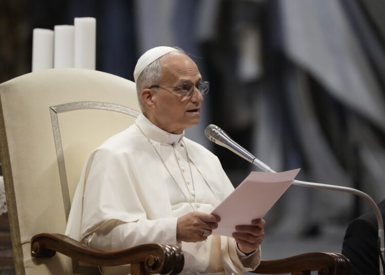 Pope Leo XIV attends a meeting with jubilee pilgrims from the Italian region of Umbria in St. Peter's Basilica at the Vatican, Saturday, Sept. 13, 2025. (AP Photo/Gregorio Borgia)